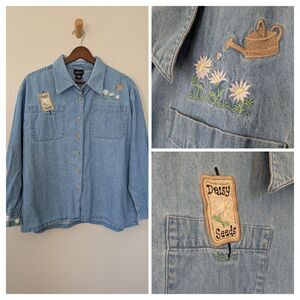 Womens Vintage Gardening Button Up Top Large Blue Denim Embroidered Floral 90s